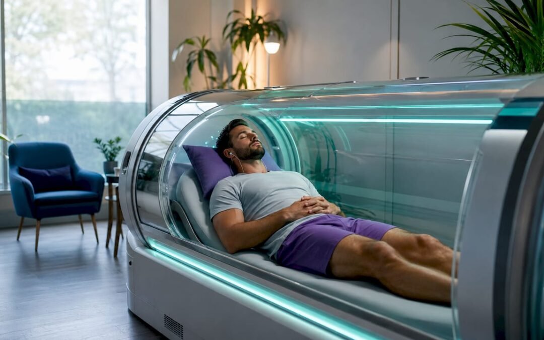 Athlete undergoing hyperbaric oxygen therapy in clinic