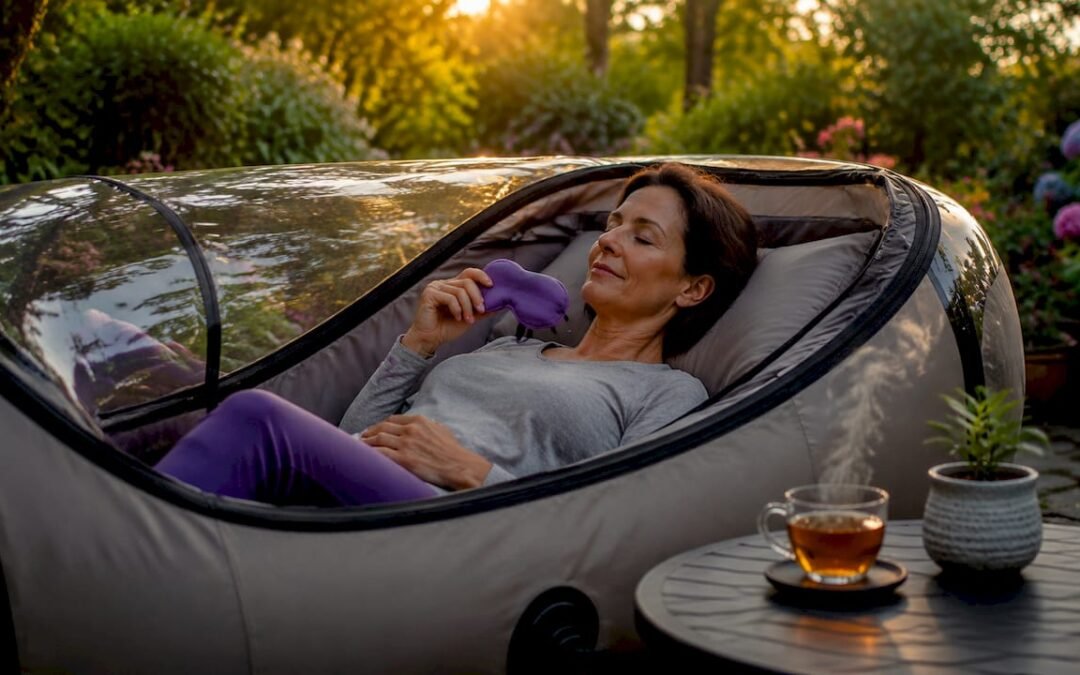 Woman relaxing inside soft hyperbaric chamber at home