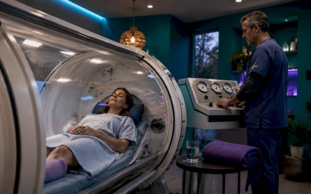 Patient in hyperbaric oxygen therapy chamber