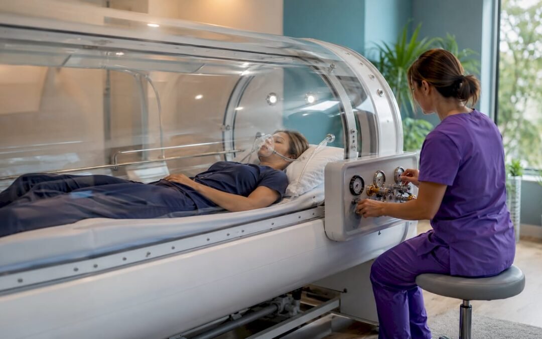 Patient in hyperbaric oxygen therapy chamber in clinic