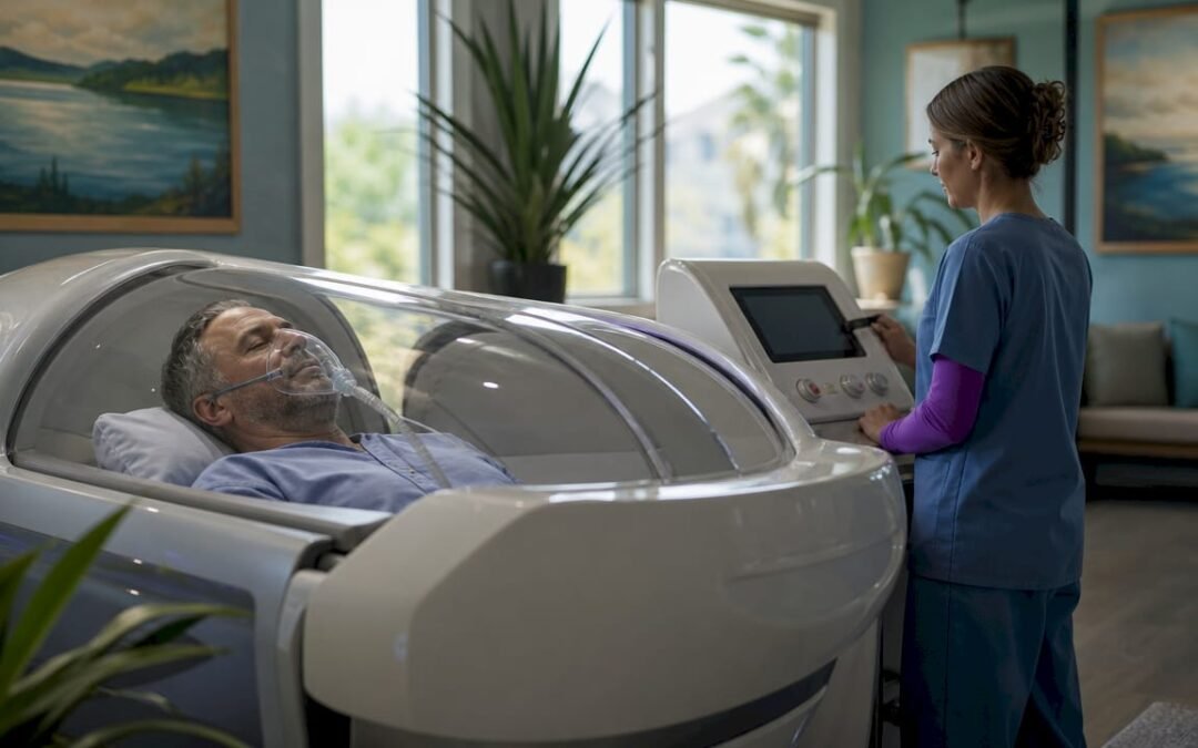 Patient receiving hyperbaric oxygen therapy in chamber