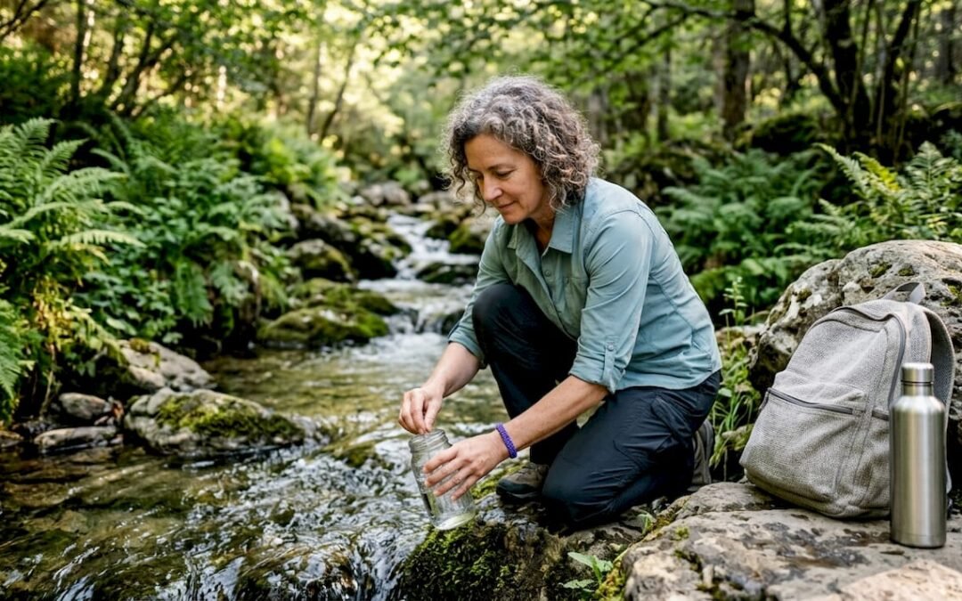 Woman collecting water from mountain spring outdoors