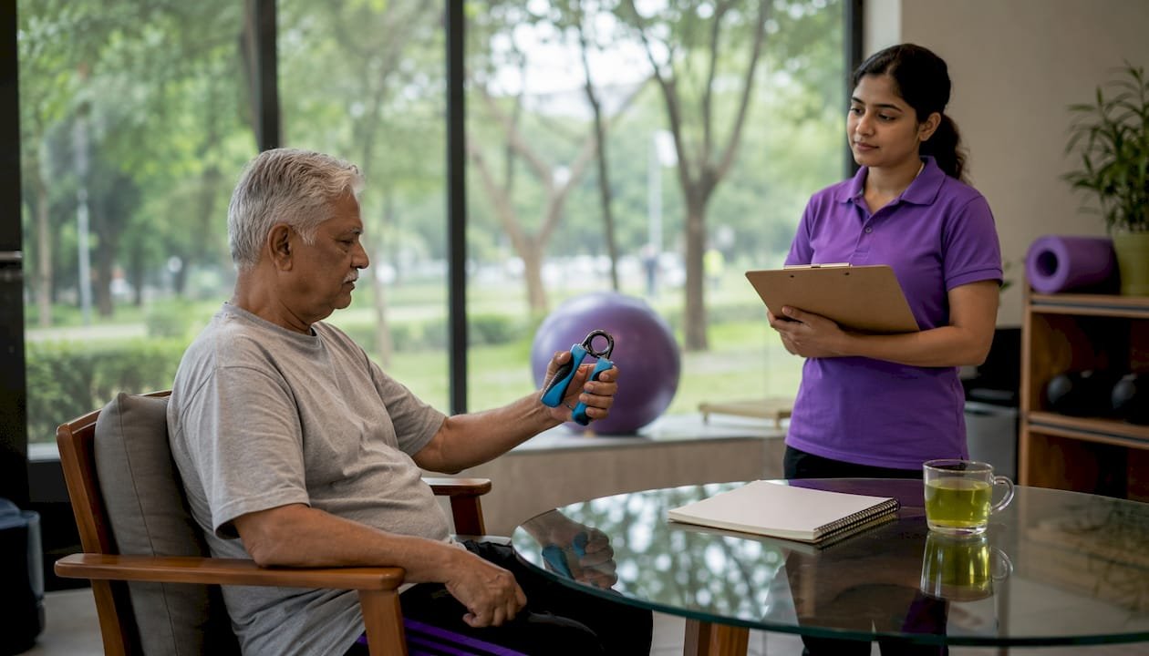 Man doing handgrip exercises in therapy