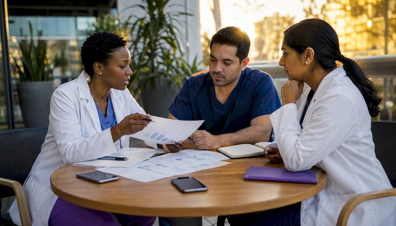 Healthcare team discussing clinical trial findings