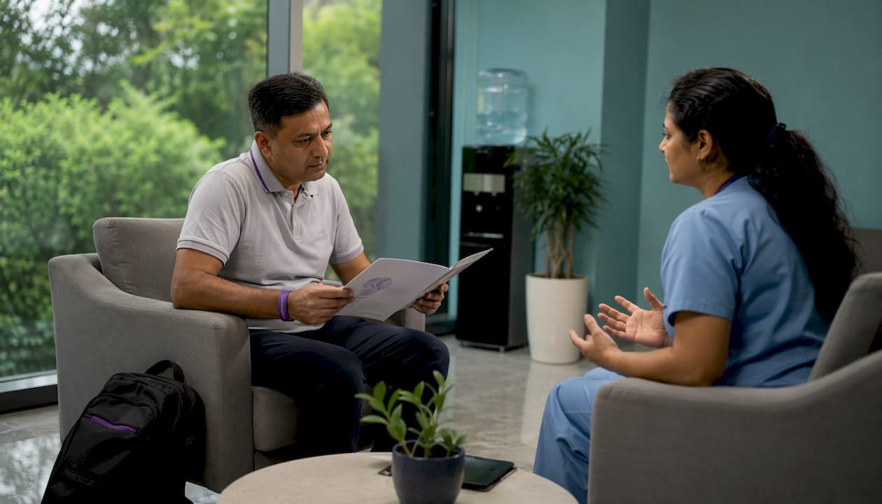 Patient consulting clinician about HBOT treatment