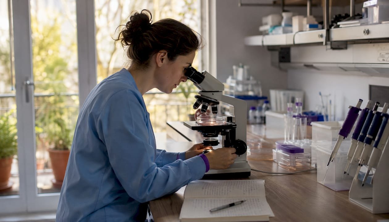 Scientist examining fibroblast cells under microscope