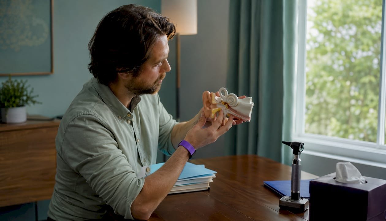 Audiologist holding human ear anatomical model