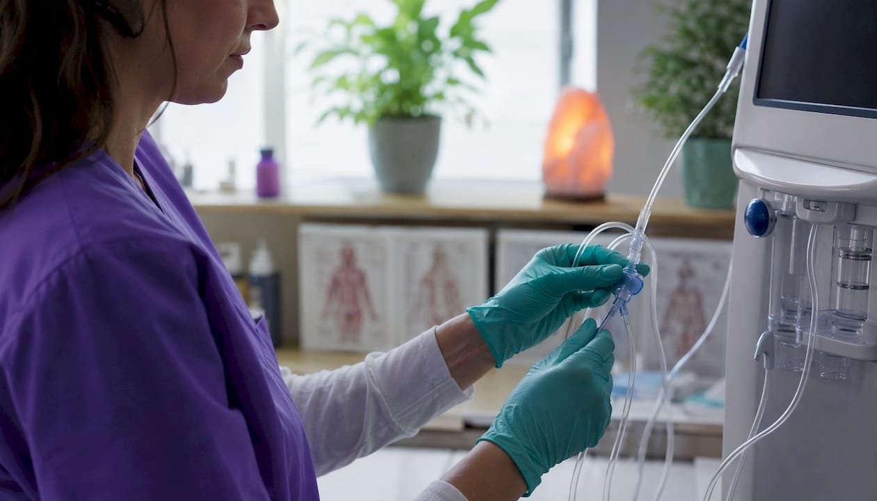 Hands adjusting oxygen delivery equipment