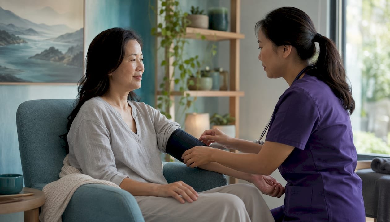 Woman getting blood pressure checked in clinic