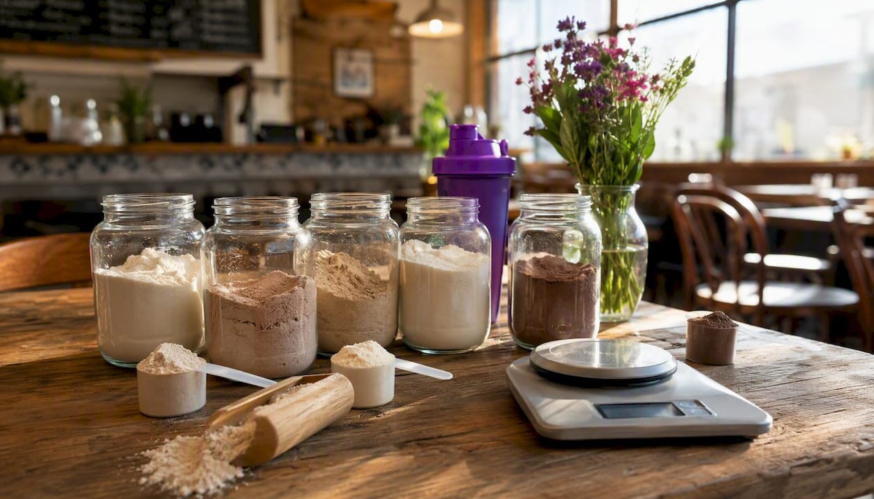 Various protein powders and scoops overhead view