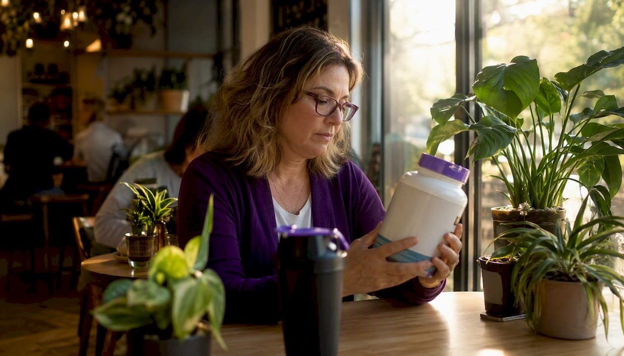 Woman reading protein powder label in store