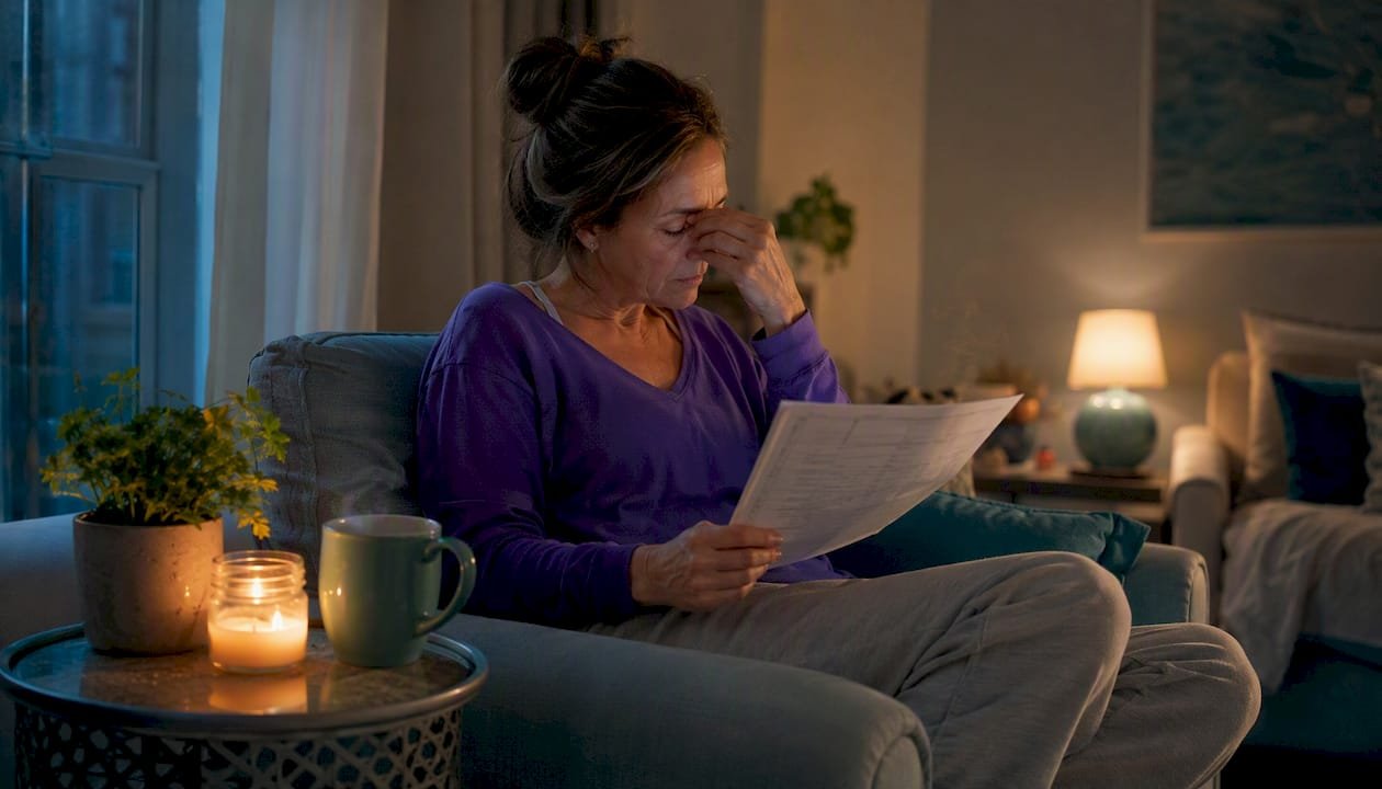 Tired woman with sleep tracker at night