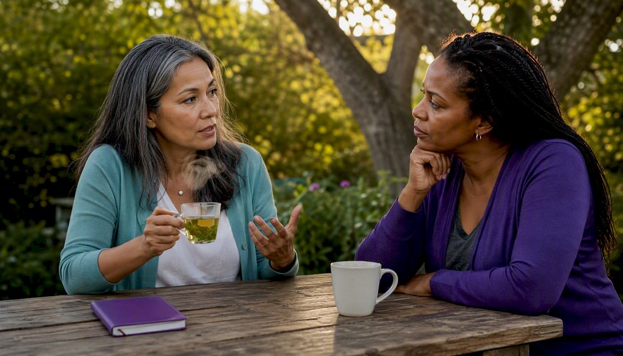 Two women discussing midlife anxiety pressures