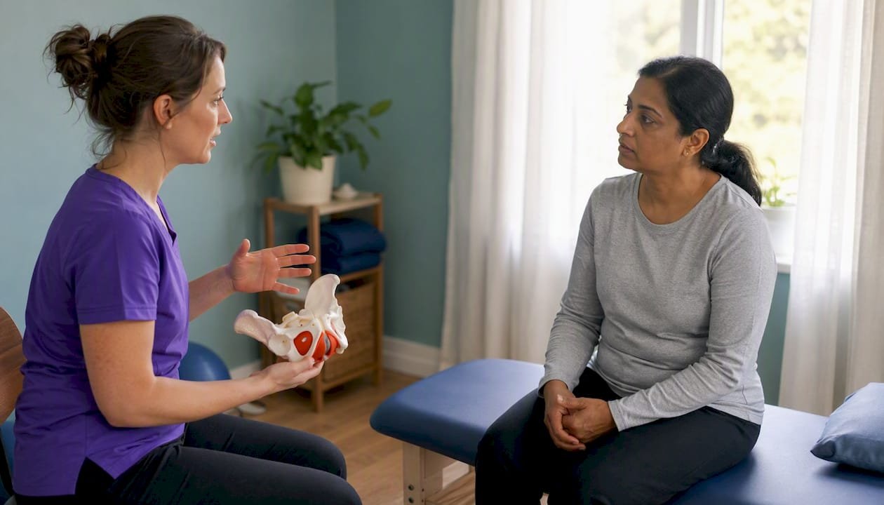 Physiotherapist educating patient on pelvic floor