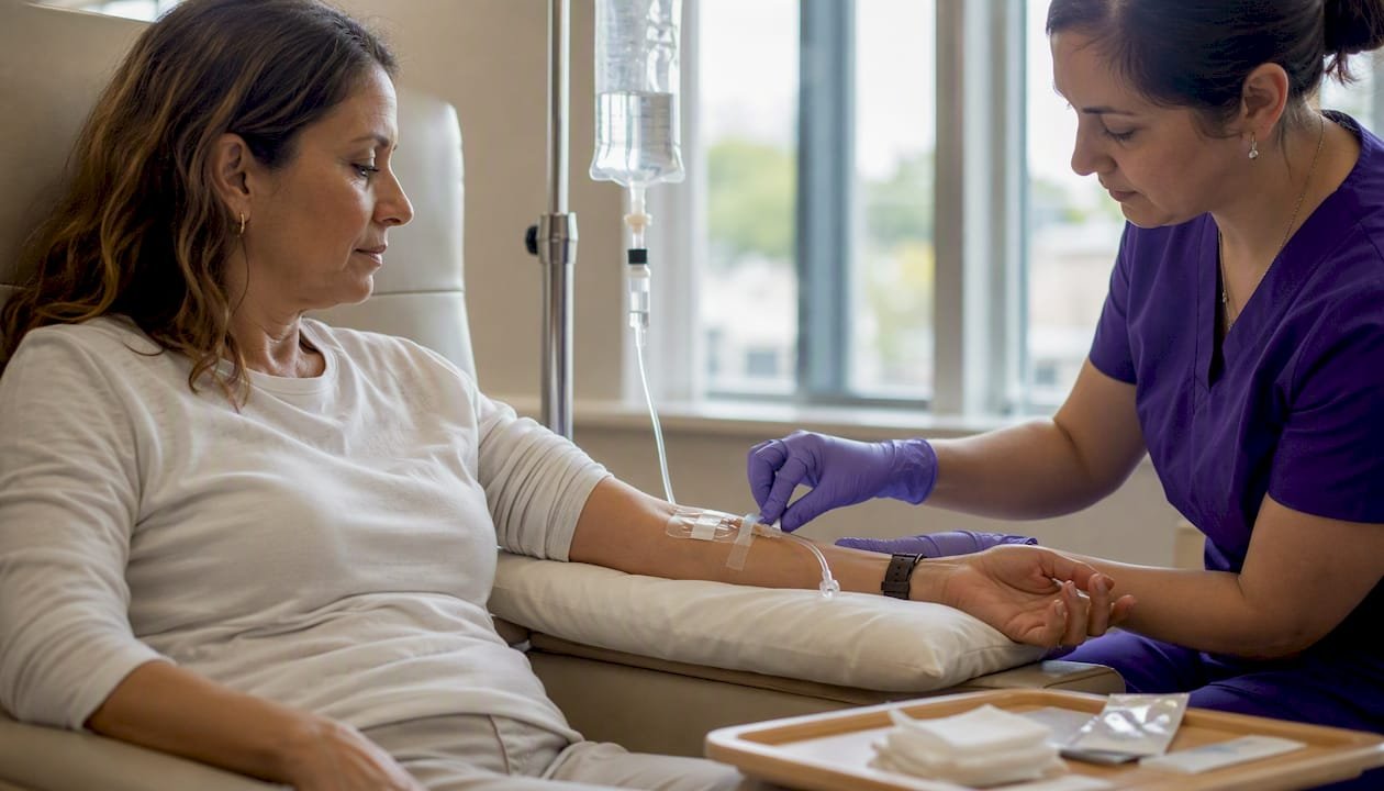 IV therapy infusion setup on patient's arm
