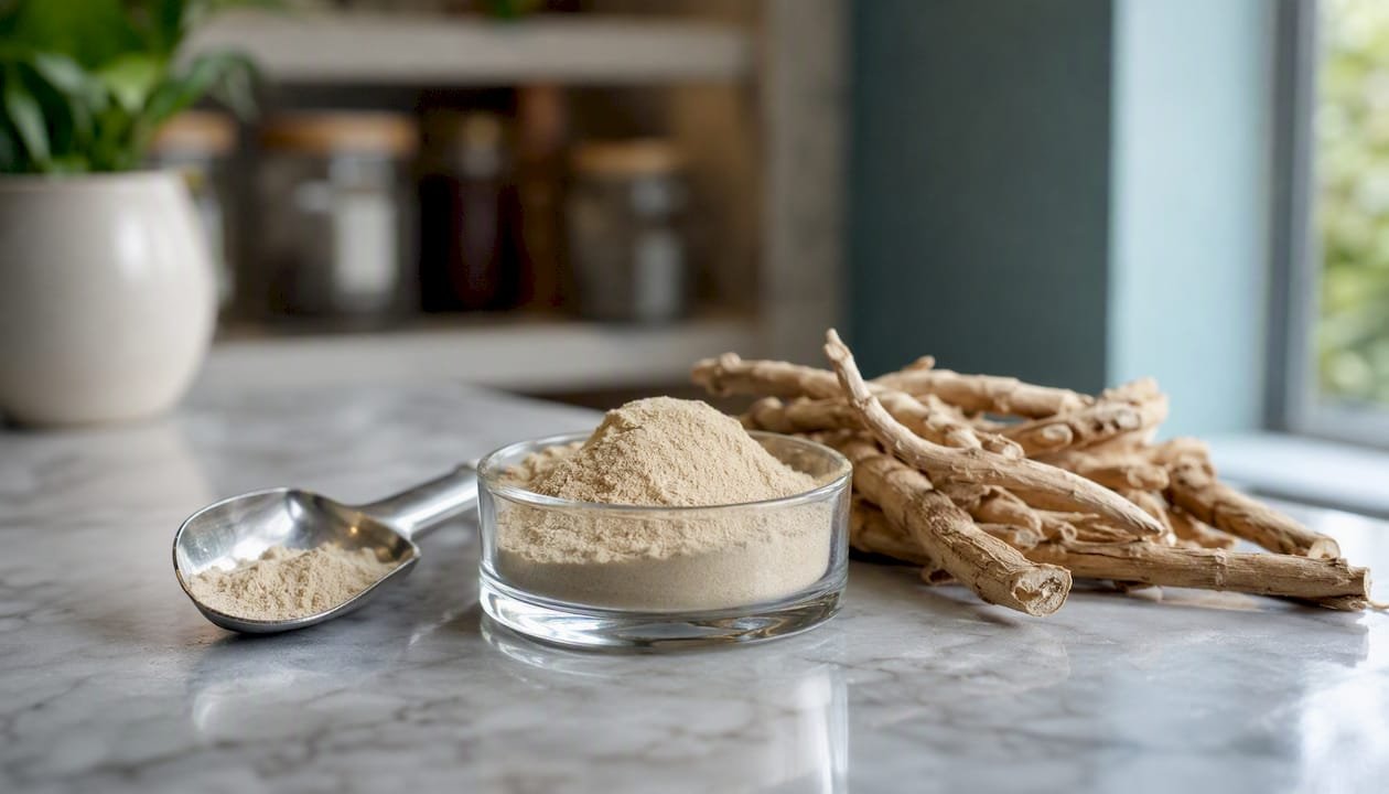 Ashwagandha root and powder close-up