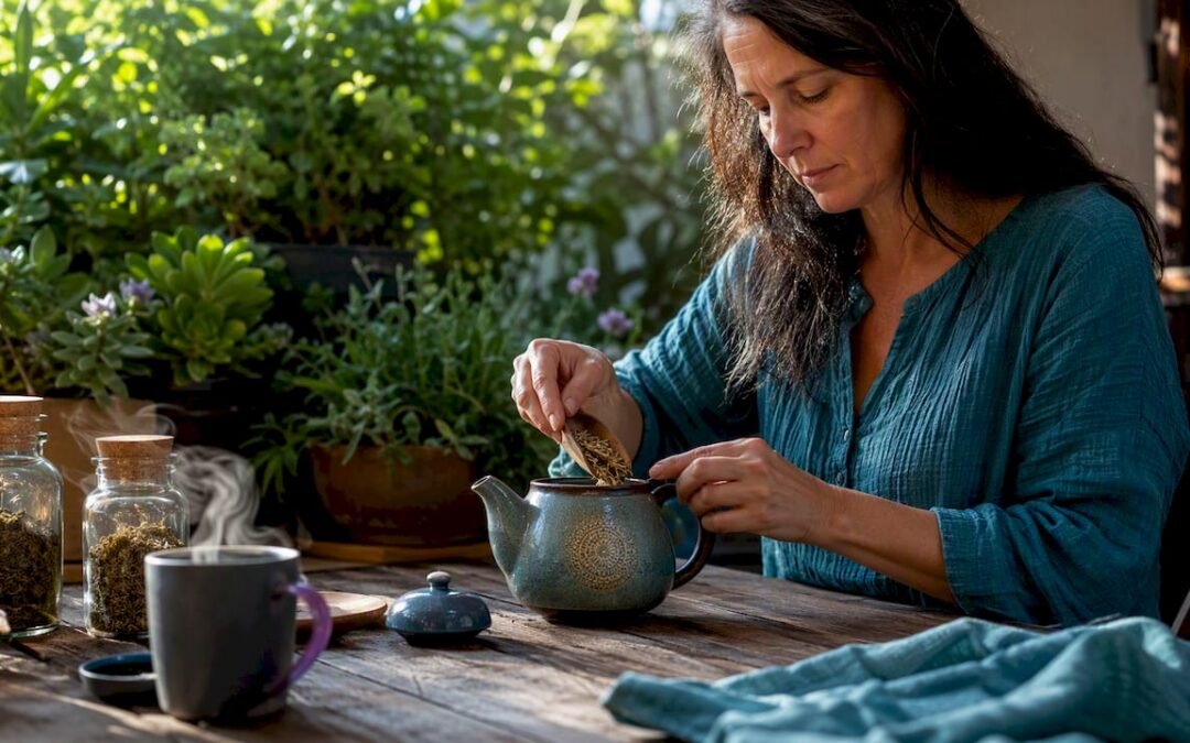 Woman preparing adaptogen herbal tea