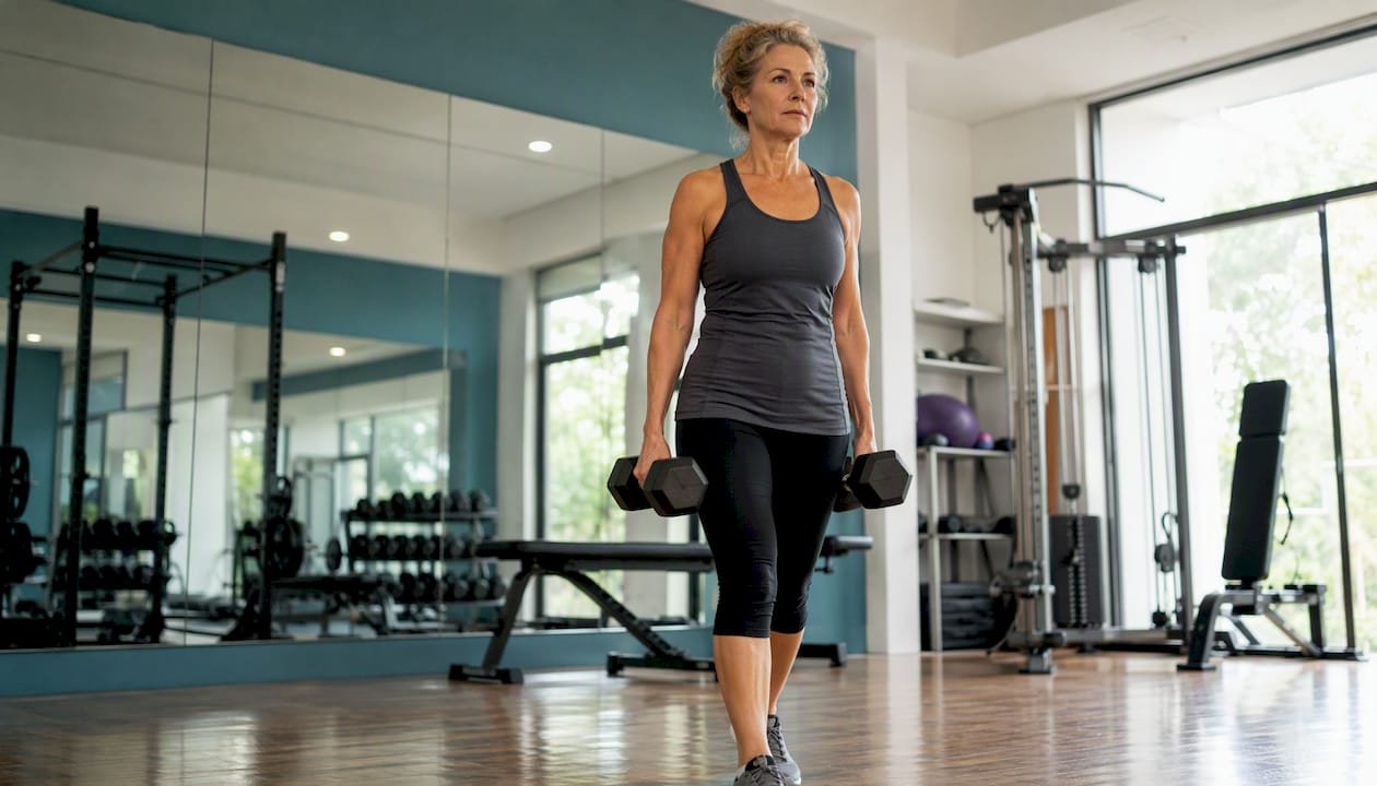 Woman walking with dumbbells in farmer's carry exercise