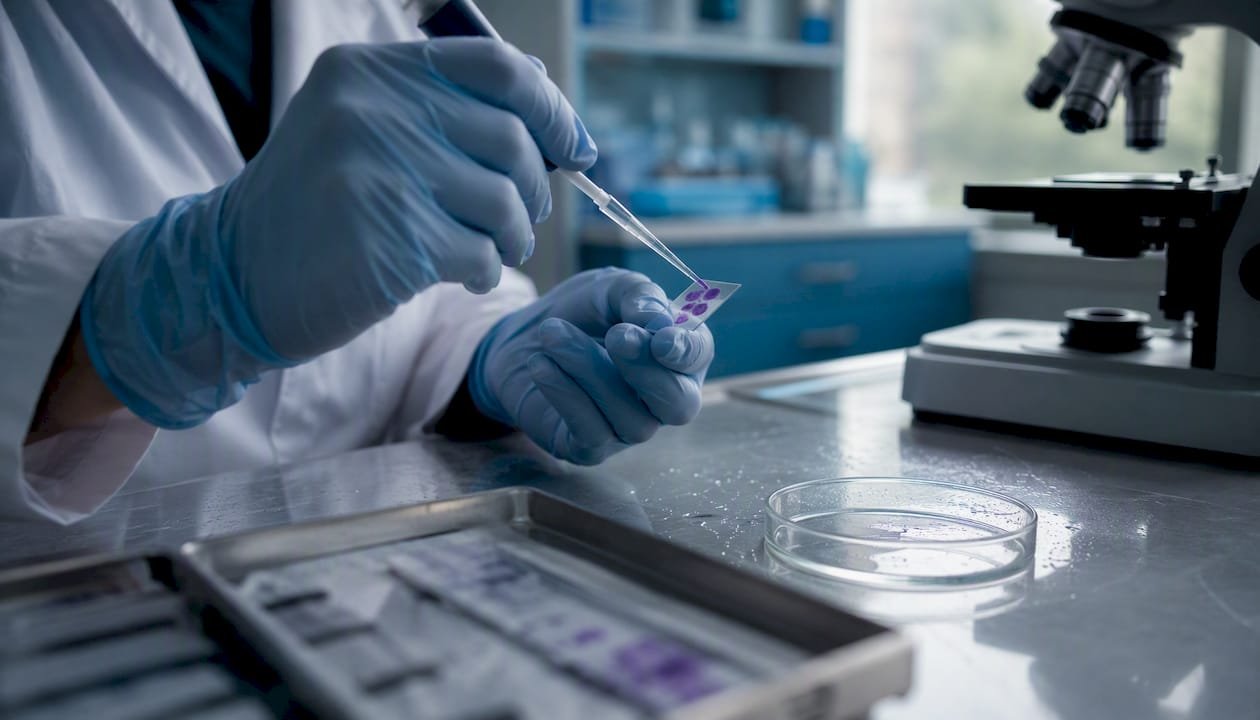 Scientist pipetting stained immune cells slide