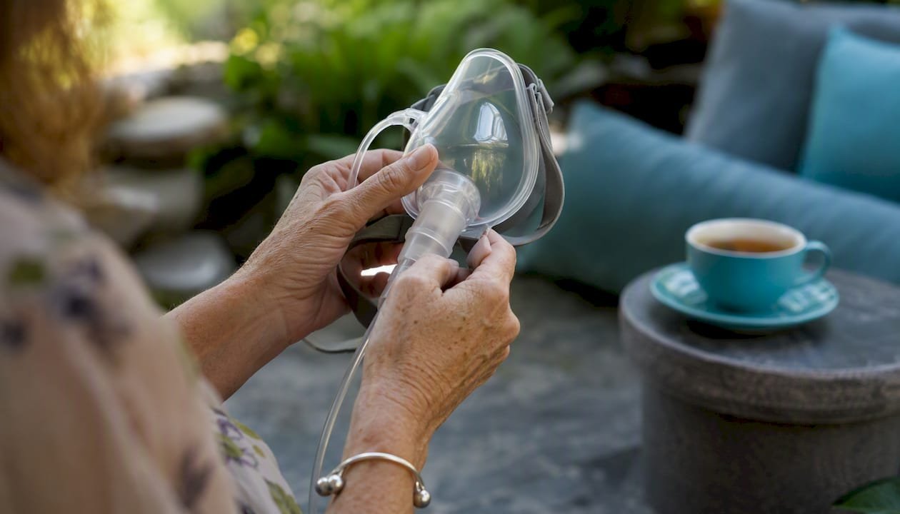 Hands holding oxygen therapy mask in wellness room