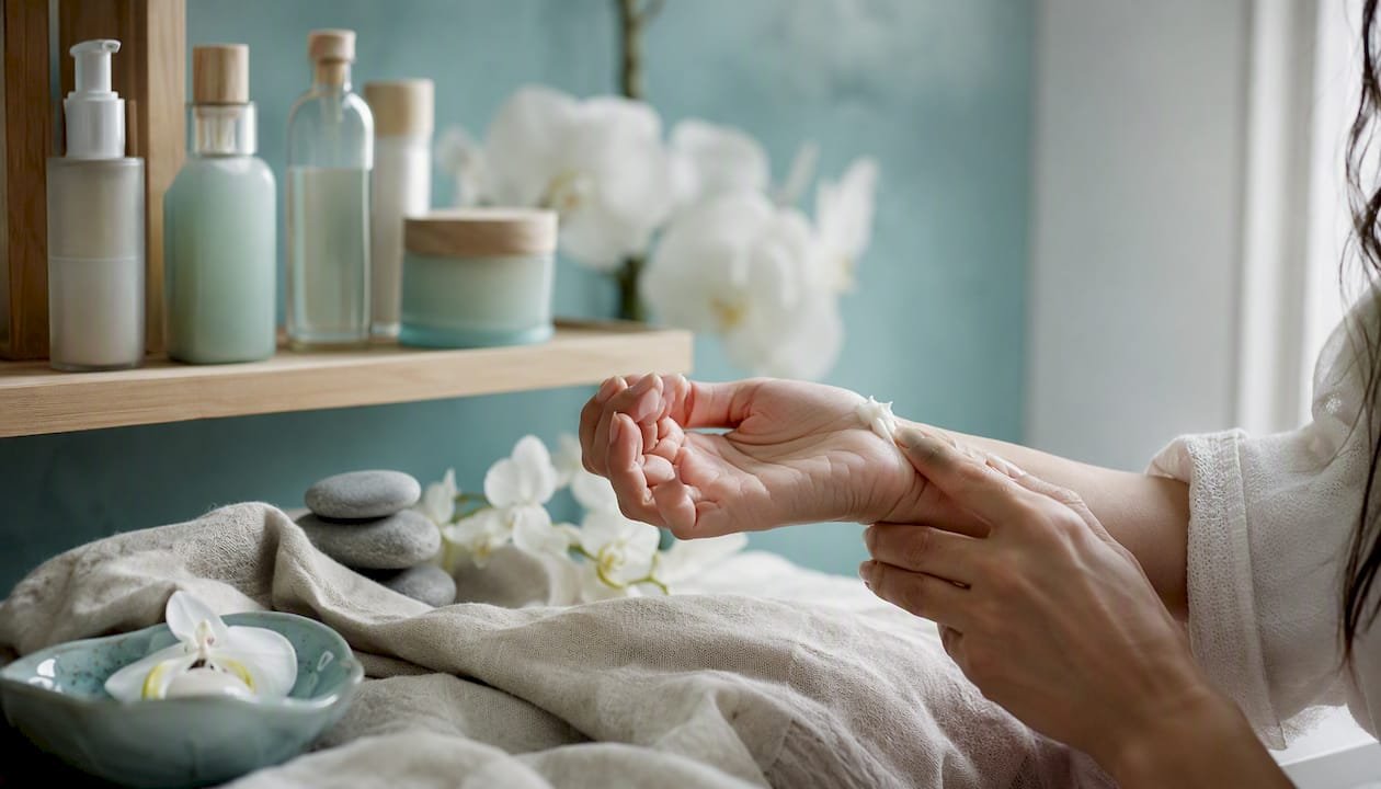 Applying non-hormonal vaginal care product cream