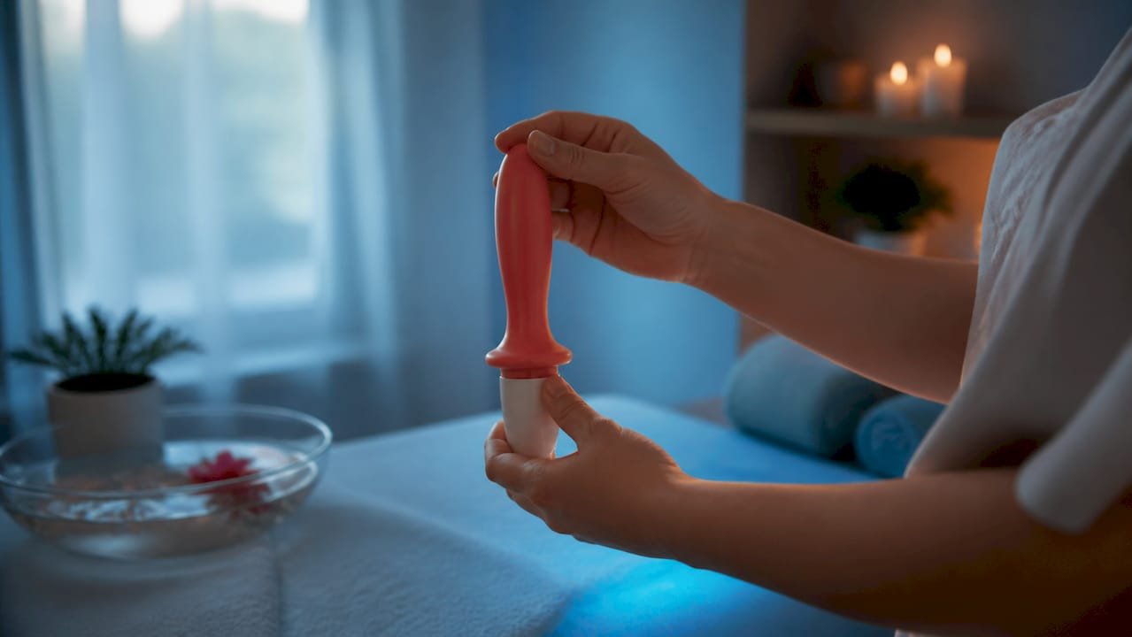 Hands holding vaginal red light therapy silicone probe