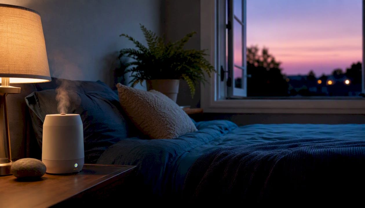 Calm bedroom featuring stereo headphones