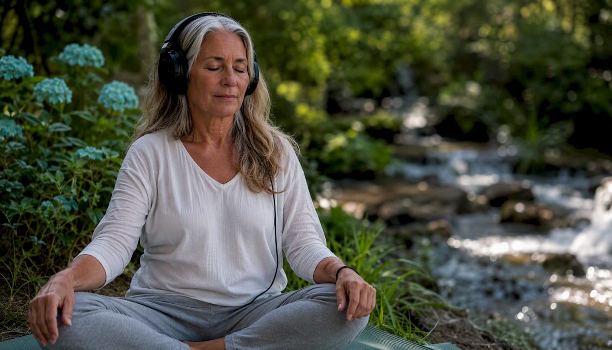 Woman doing breathwork with headphones