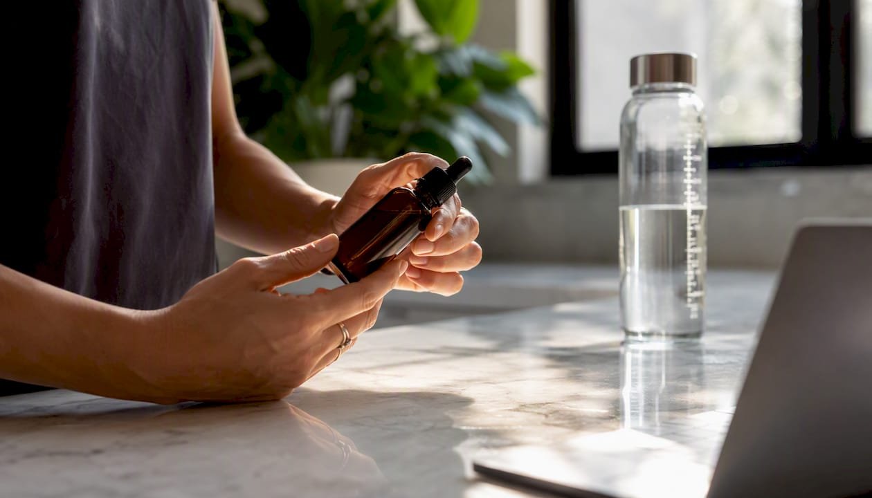 Hands shaking mineral drops bottle before use