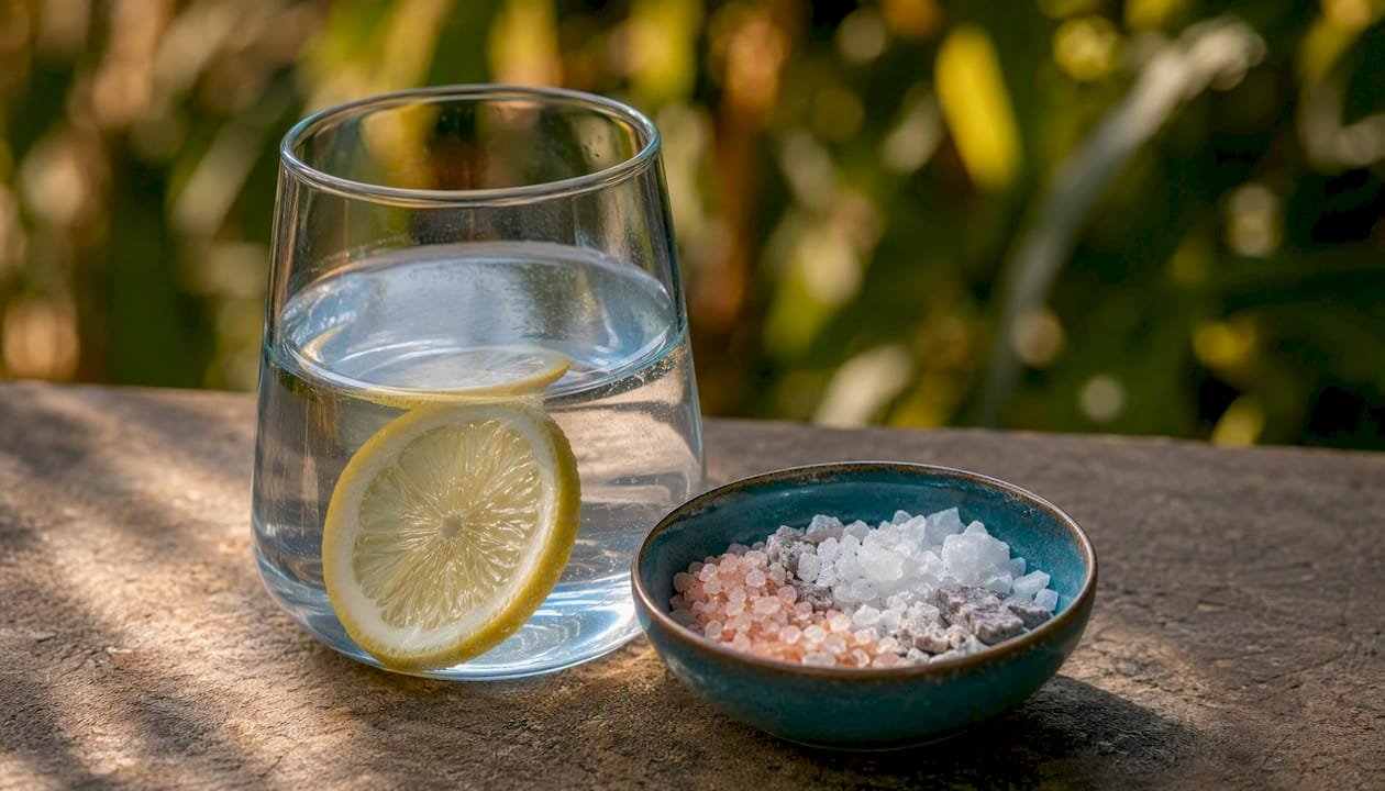 Glass of mineral water with natural salts nearby