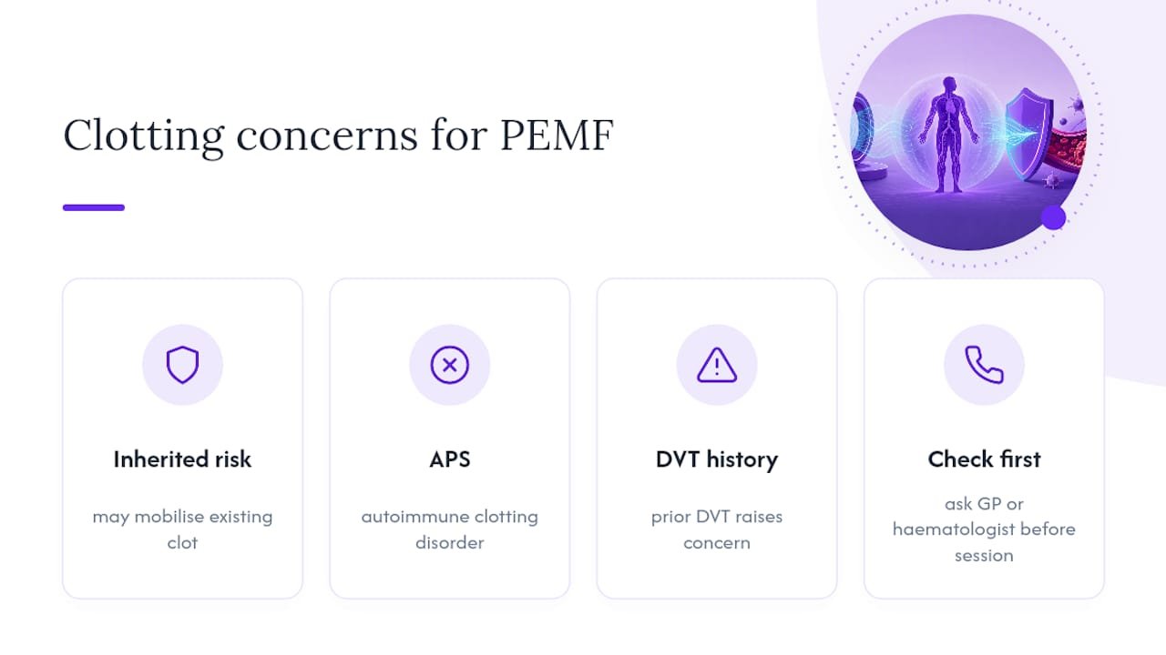Diagram of blood clotting disorders and PEMF caution