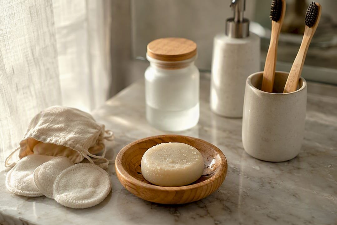 Sustainable travel toiletries on bathroom shelf