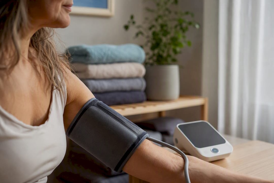Woman’s arm with blood pressure cuff in wellness room