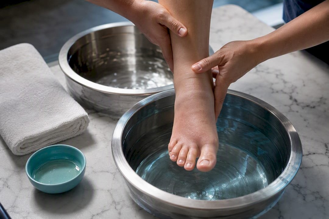 Ankle receiving alternating hot and cold therapy