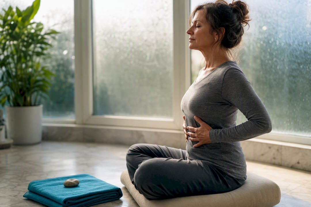 Woman practicing self-guided breathing
