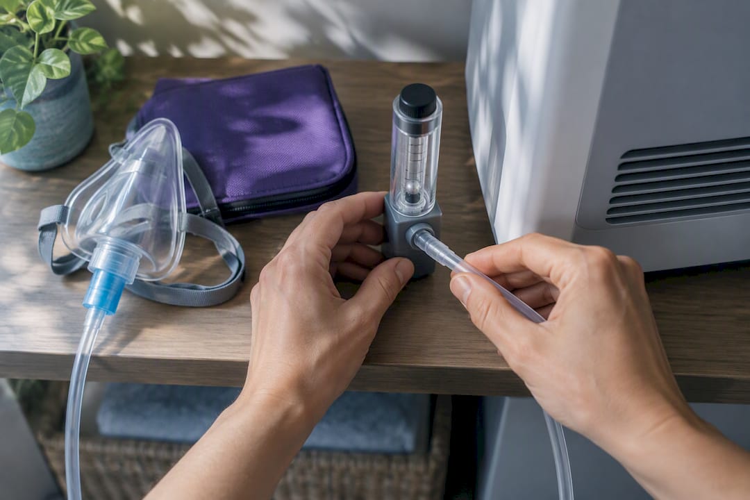 Hands assembling anonymous home oxygen equipment