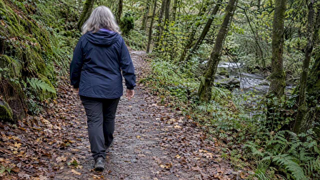 Woman walking through Irish woodland