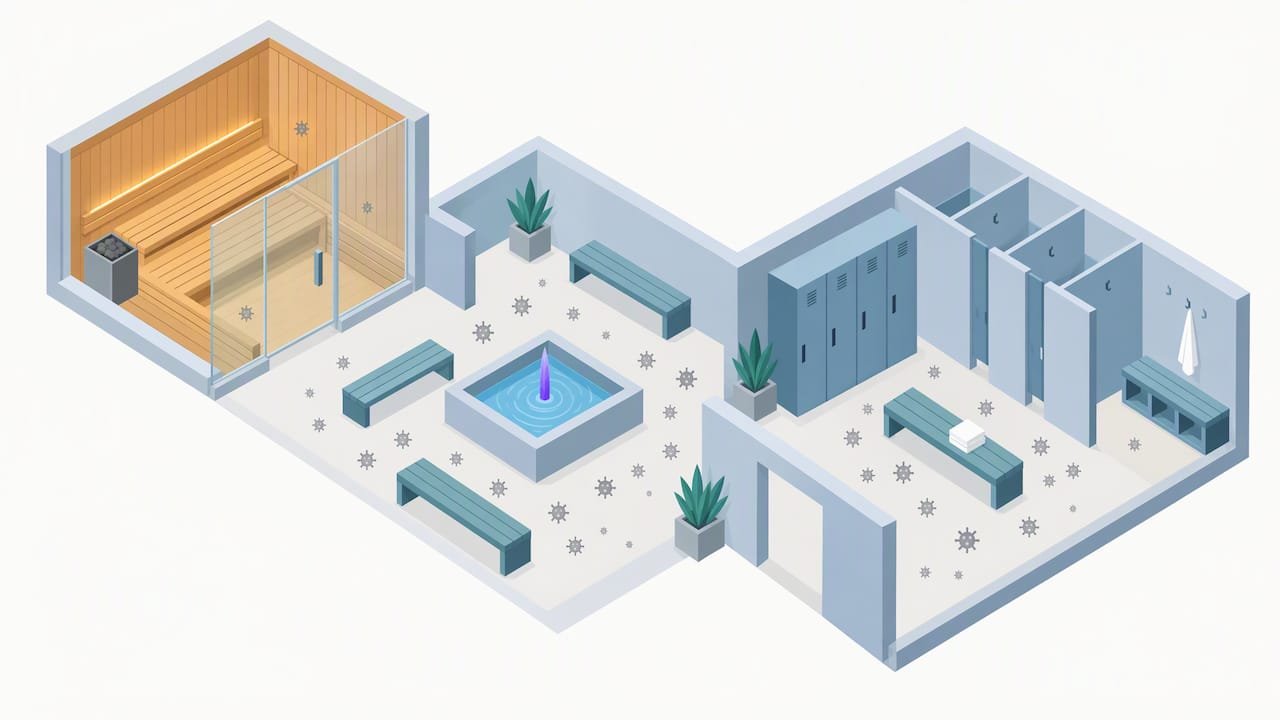 Sauna facility shared-space infection exposure diagram