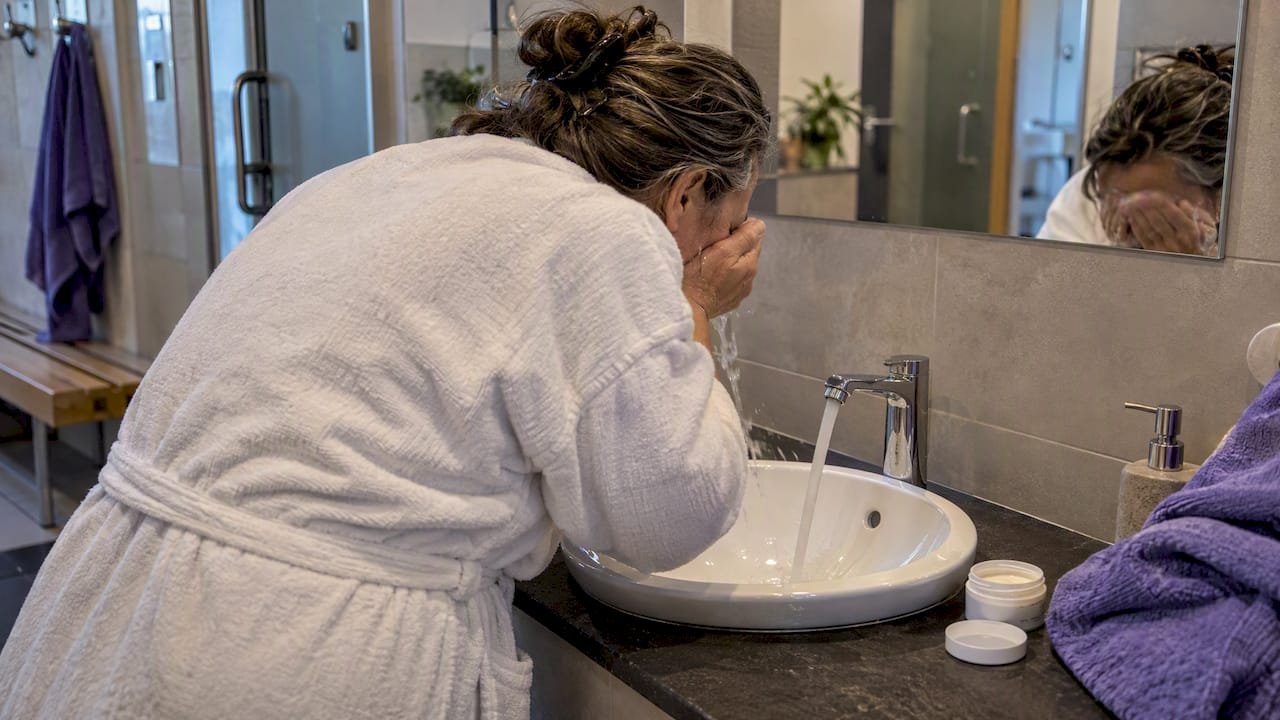 Woman rinsing her face after sauna