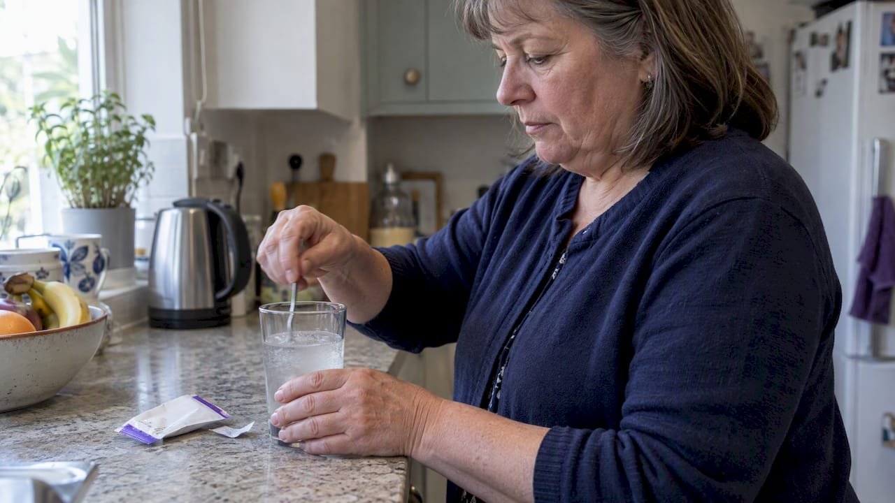 Woman mixes an oral rehydration sachet in water